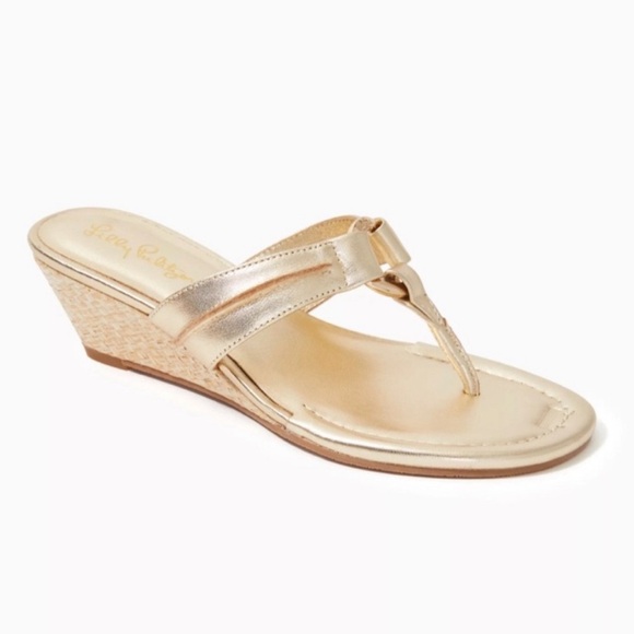 Lilly Pulitzer McKim Metallic Gold Leather Straw Thong Wedges /Sandals - 9.5